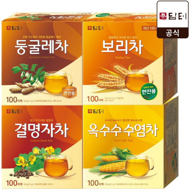 담터 침출차 티백 100T 4종(보리차+결명자+둥글레차+옥수수수염차) 총400T, 120g, 4개