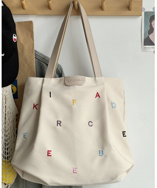 KFRBAG 英文字母刺繡帆布托特包 大容量肩背包 附拉鍊內袋 可收納A4文件與筆電