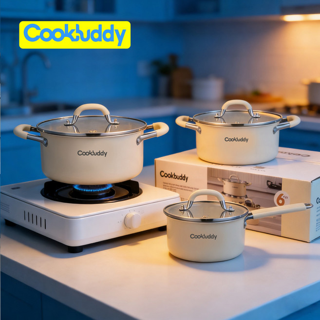 CookBuddy 304 스텐 6종 인덕션 냄비 세트, 1세트, 편수냄비16cm+탕솥20cm+탕솥22cm, 오프 화이트