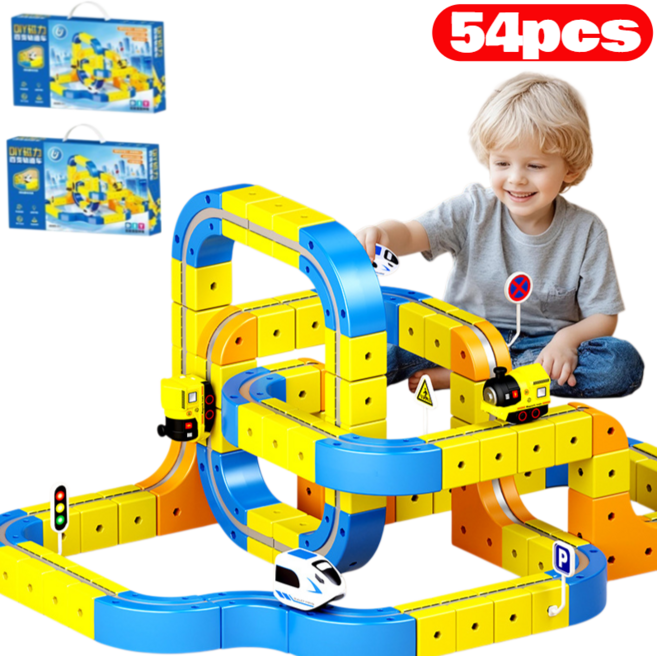 [54pcs/1세트]자석형 두뇌 발달 변형 전동 트랙카 세트 레일블럭 기차장난감 DIY 마그네틱 트랙 기차 규브 블럭 기차놀이 세트, 108pcs