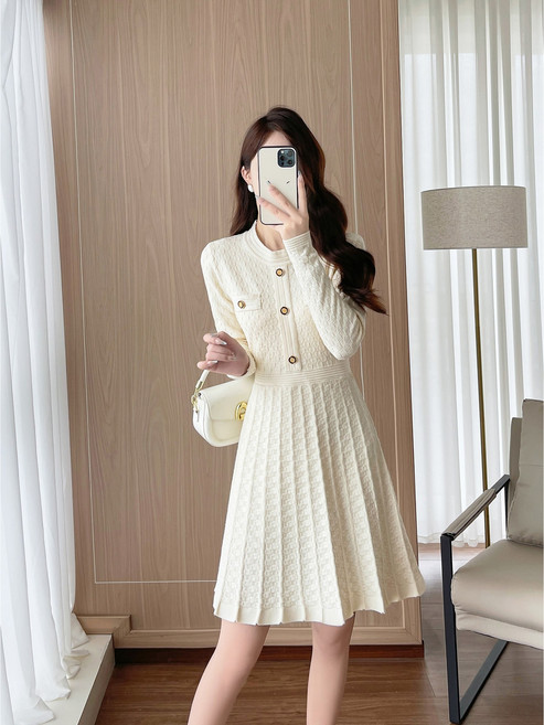 ZAJA 여성 니트 미디원피스 하이웨스트 고급감 봄가을 A라인 살구