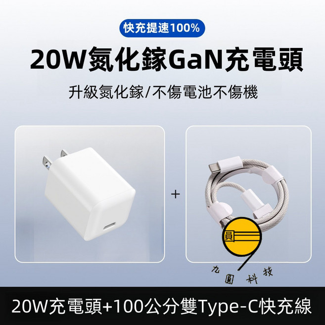 九圓科技 小冰塊 45W GaN充電頭, 1個, 20W充電頭+100公分雙Typec線