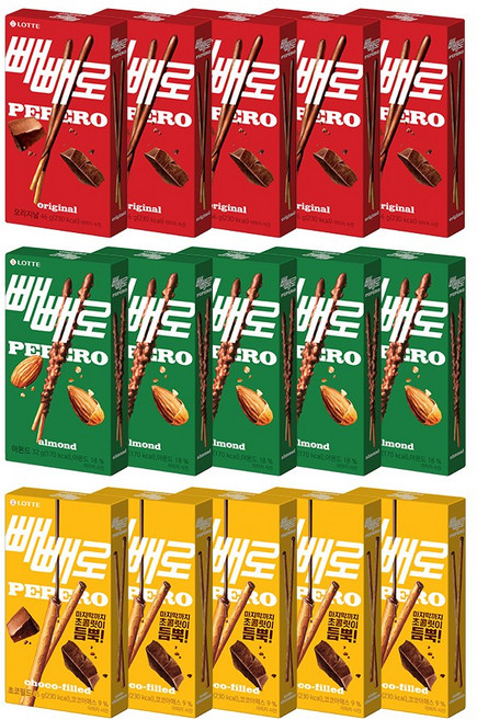 빼빼로 3종 혼합구성 초코 아몬드 초코필드, 초코46g*5개+아몬드32g*5개+초코필드45g*5개, 1세트, 615g