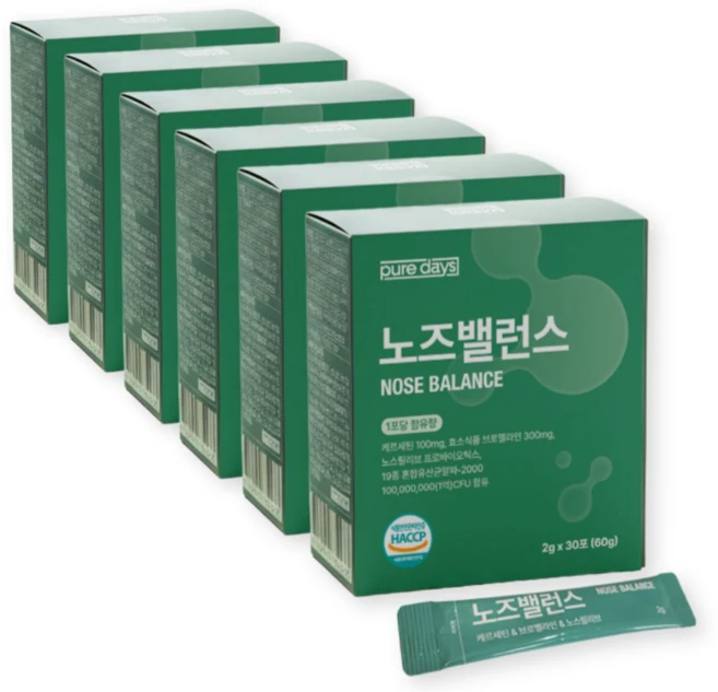 퓨어데이즈 노즈밸런스 퀘르세틴 브로멜라인 노스릴리브 특허유산균 HACCP, 180개, 2g - 쿠팡