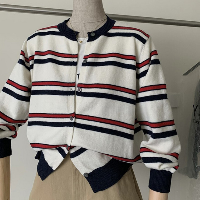 샤일리 여성 배색 스트라이프 단가라 니트 가디건