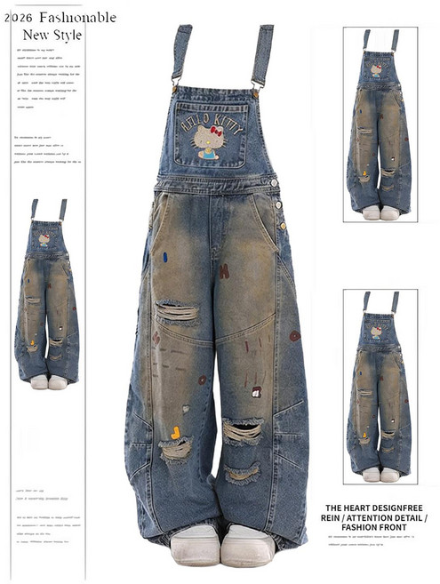 키티 멜빵 바지 청바지 팬츠 데님