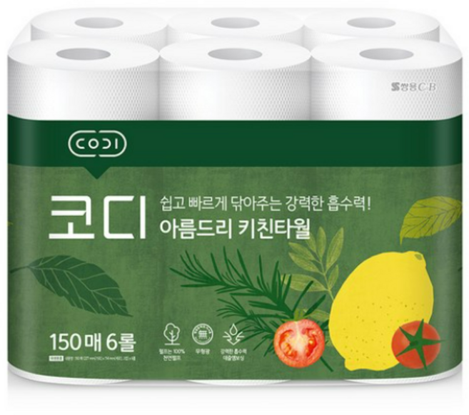 코디 아름드리 천연펄프 키친타올 150매, 12롤, 3개