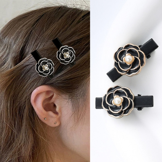 티큐 앞머리 옆머리 미니 블랙 진주 동백 카멜리아 헤어 집게핀 2P 세트 H304