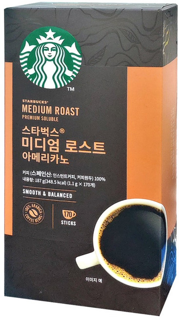 스타벅스 미디엄 로스트 아메리카노 SMOOTH& BALANCED STARBUCKS MEDIUM ROAST PREMIUM SOLUBLE 라틴 아메리카 커피 100% 아라비카 원두, 1.1g, 170개입, 1개