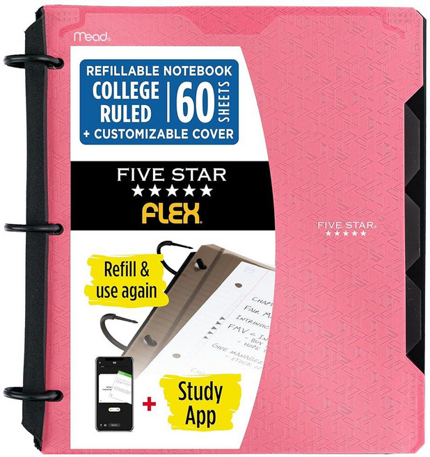 Five Star Flex 리필 가능한 노트 + 스터디 앱 맞춤형 커버가 있는 2.5cm(1인치) 바인더 대학 유선 노트 및 링 바인더 3개 하이브리드 노트 바인더 20, 프롬 핑크