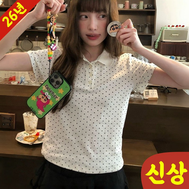 (신상 추천) 날씬해보이는 여성 도트 무늬 카라 셔츠형 반팔 티셔츠 여름 편한 일본 귀여운 아카데미 세미크롭 이너웨어 심플 패션 클래식 여리여리한 화이트 예뻐 러블리한 학생복 티