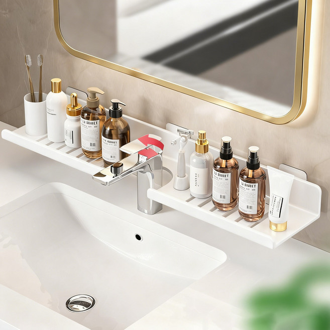 Flyaiku 무타공 욕실 선반 화장실 벽걸이 물빠짐 수납 다용도 세면대 정리선반 50cm, 화이트, U자형