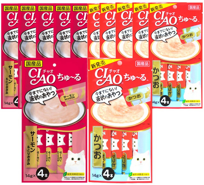 이나바 챠오 츄르 고양이 짜먹는 간식 4p, 12개, 56g, 가다랑어(6개입)+연어&닭가슴살(6개입)