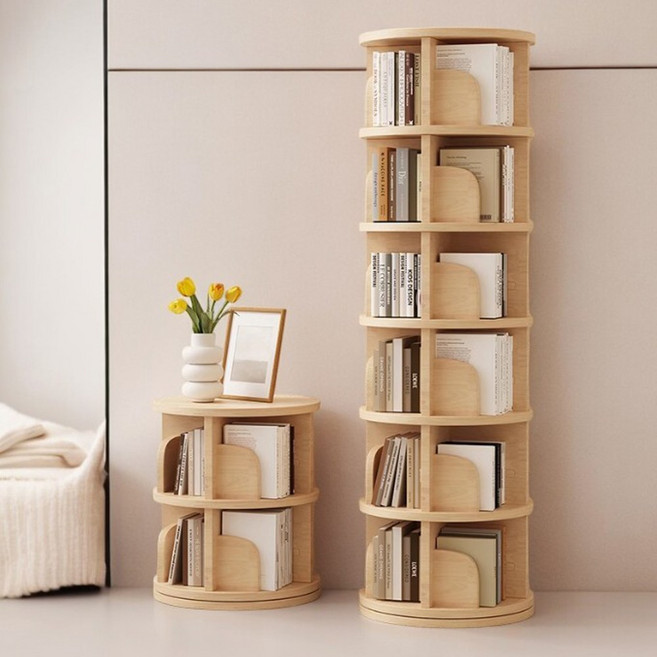 룸앤소울 리얼원목 360도 원형 회전책장, 4단