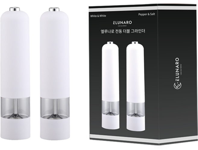 1+1 엘루나로 자동 전동 소금 후추 그라인더, 1세트, 화이트+화이트, 80ml