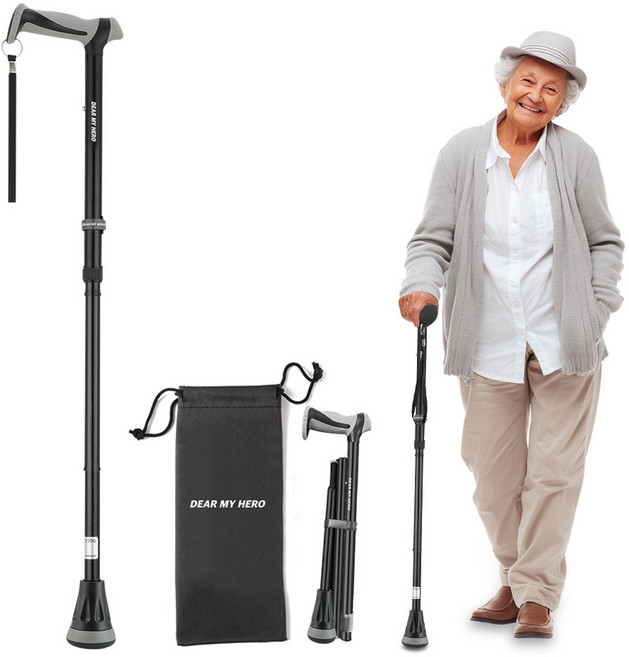 마이히어로 어버이날 선물 1위 노인 지팡이 어르신 의료용 접이식 할머니 할아버지 여자 가벼운 초경량 길이조절용 접이식, 그레이블랙, 1개