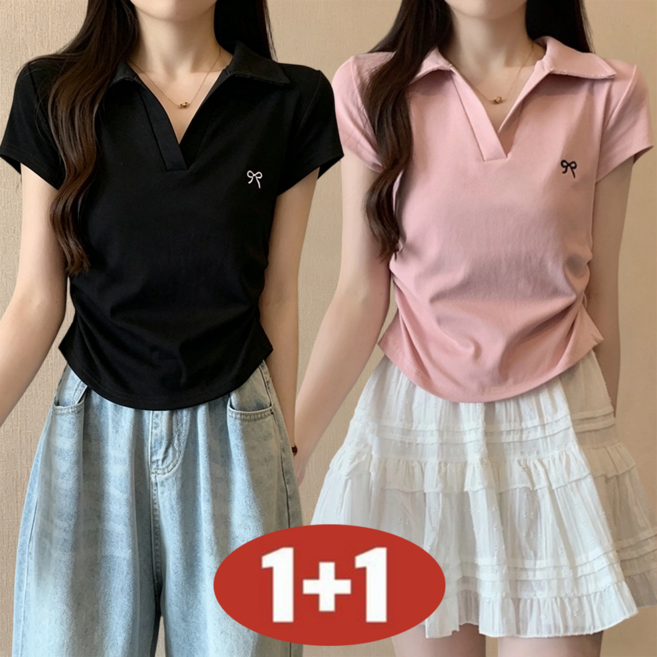 (완전 편한) 여성 여름 [1+1] 초특가 심플 자수 데일리 루즈핏 캐주얼 카라넥 셔츠 반팔 티셔츠