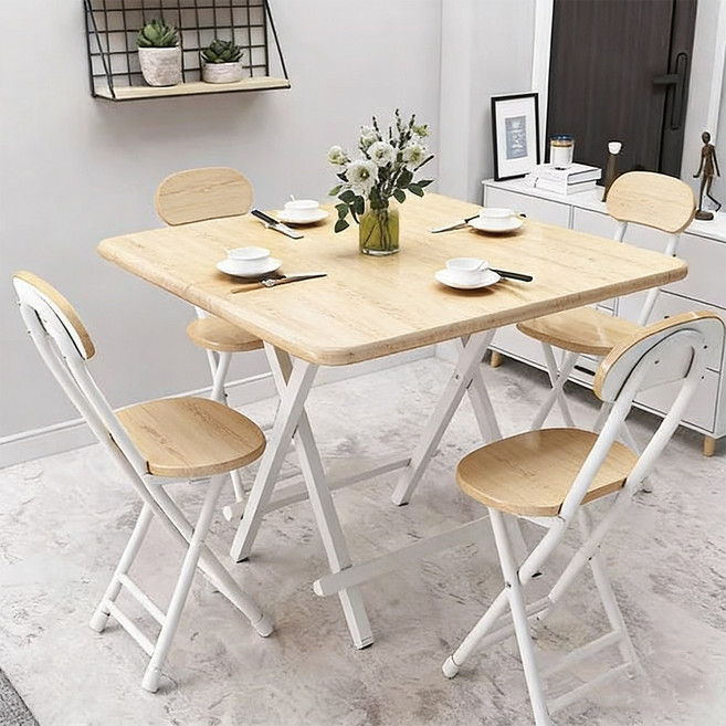 하루꿈 접이식 식탁 세트 의자포함 2인용 4인용 다용도 테이블 주방 거실 식당 탁자, 일반의자 4, 원목색