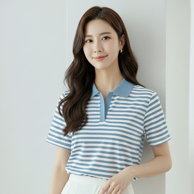 데일로엔 여성 스트라이프 카라 반팔 데일리 여름 티셔츠