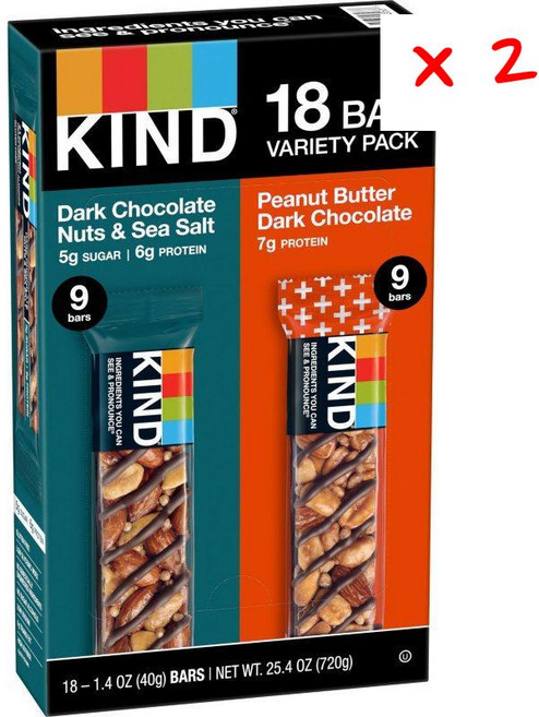 카인드 스낵 바 버라이어티 팩 다크 초콜릿 넛츠 씨 솔트 앤 피넛 버터 다크 초콜릿, 720g, 2개