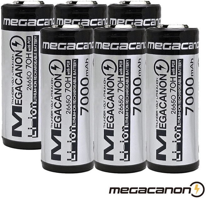 메가캐논 26650 리튬이온 충전지 7000mAh 13A 고방전 3.6V 보호회로 KC인증, 6개