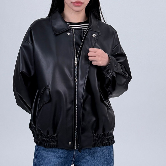 여성용 히든 지퍼 카라 루즈핏 가죽 레더 집업 자켓