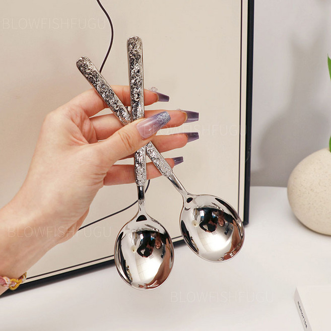 BLOWFISHFUGU 스텐 디저트 스푼 돌무늬 스텐 국자 커트러리 서빙스푼 셀러드스푼, 2개, 실버