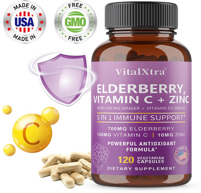 성인 블랙 엘더베리 비타민C 아연 보충제 - 엘더베리 면역지지 보충제 강력한 항산화 포뮬라로 세포활동 방어 촉진, 3개, 60회분