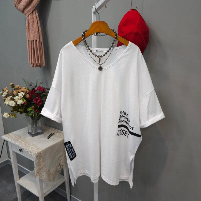 여성용 브이넥 면 릴렉스 루즈핏 반팔티셔츠 캐주얼 오버핏