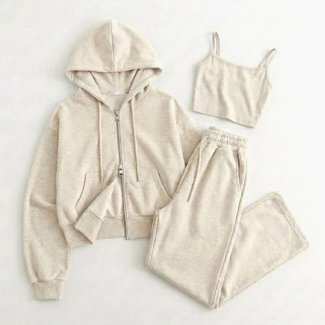 도시도시 여성 데일리 봄 가을 크롭 후드 집업 와이드 트레이닝 바지 세트