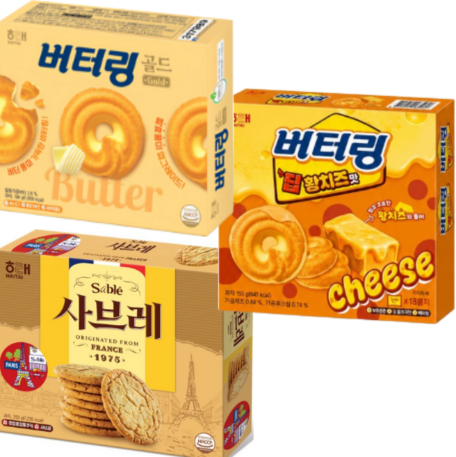해태제과 인기신상과자 대용량 3종구성(버터링골드+버터링딥황치즈맛+사브레1975)무료배송, 1세트, 601g