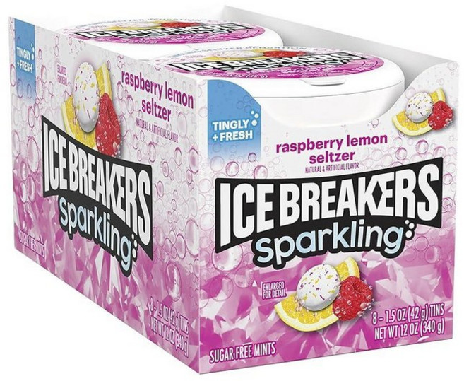 ICE BREAKERS 스파클링 라즈베리 레몬 셀처 브레스 민트 틴 42.5g(1.5온스) (8개), 42.5g