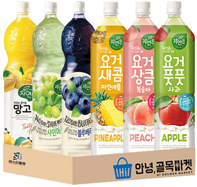 자연은 1.5L 음료 6종 세트 요거풋풋 ( 파인애플 복숭아 사과 ) 과일 주스 ( 망고 샤인머스캣 블루베리 ), 6개