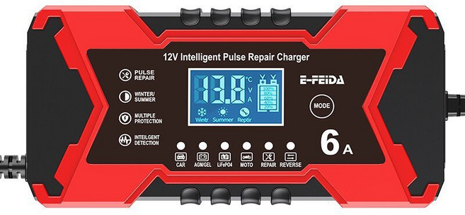 E-FEIDA 12V 6A 智慧脈衝修復汽車電瓶充電器, 紅色|日規