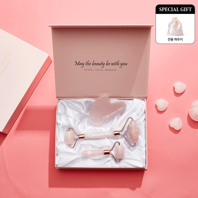 이네즈 천연 로즈쿼츠 괄사 하트괄사 페이스롤러 미니롤러 3종 세트 (파우치증정), 3종세트(하트괄사,페이스롤러,미니롤러), 1개