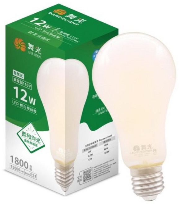 DANCELIGHT 舞光 12W 奶白燈絲燈 110V 藝術燈 LED-E27ED12WN 直徑67mm 高136mm, 奶白色, 1個