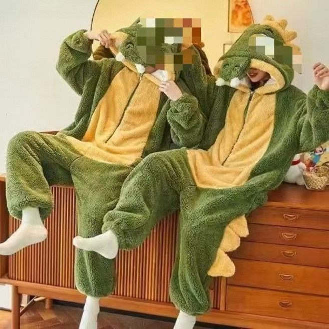 Yellwell부드러운 공룡 후드 잠옷 겨울용 커플 파자마 포근한 동물 캐릭터 코스튬LYT