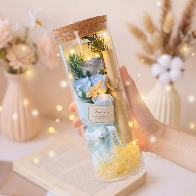 Leesheer LED 유리병 로즈 꽃다발 편지지 세트 어버이날 선물, 블루