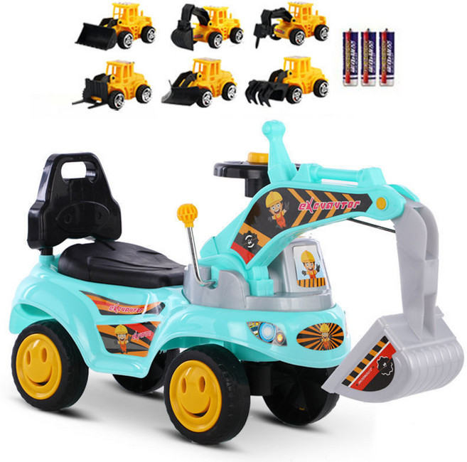 DFMEI 兒童挖掘機可坐人挖土機男孩玩具1到3歲可騎溜溜扭扭車滑行工程車, 1個, 加大天藍色【高配音樂燈光款】+小工程車6只