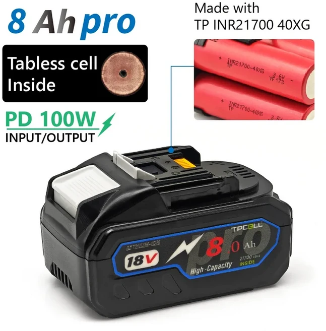 TPCELL PD100W 8Ah/10Ah makita 호환 18V용 USB-C 커넥터 21700 배터리 교체용 리튬 이온 배터리 전동 공, 04 MT 8AH PRO 40XG PD, 01 China Mainland