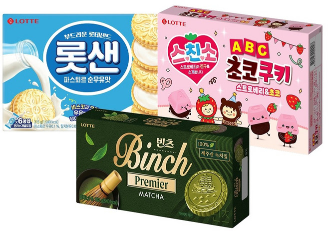 ABC 초코쿠키 딸기x1개+롯샌 순우유맛x1개+빈츠 말차x1개