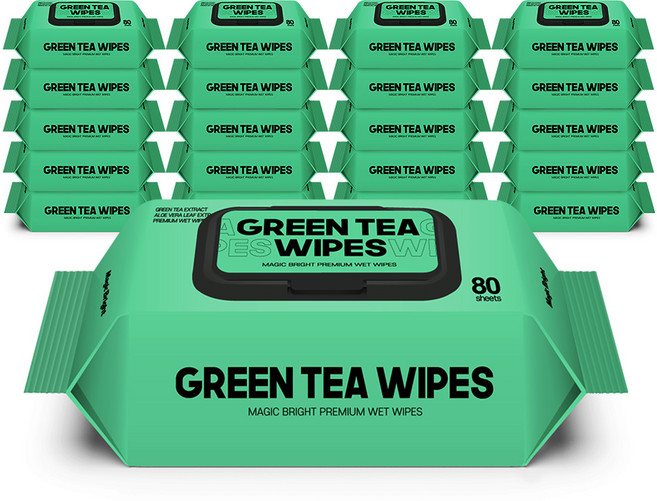 매직브라이트 도톰한 엠보싱 그린티 물티슈 캡형, 20개, 80매입, 60g