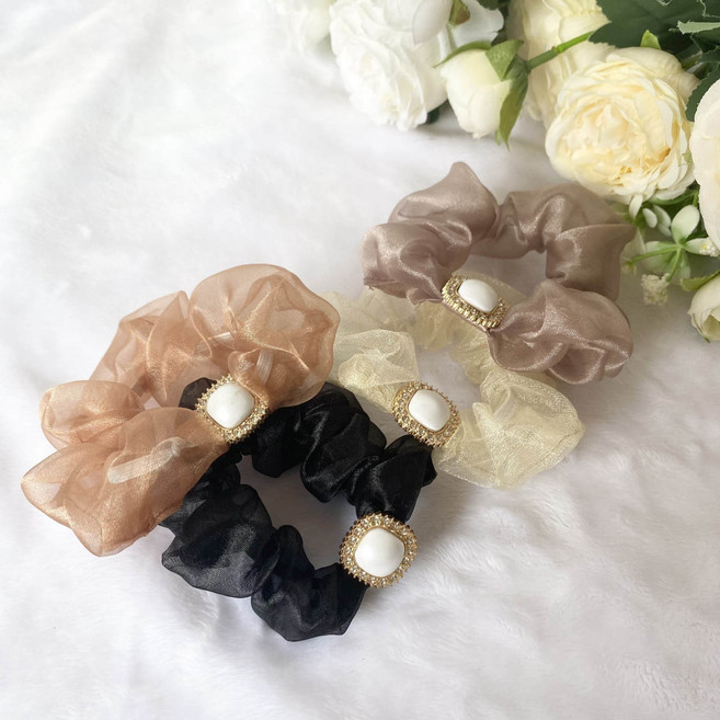 오간자 시스루 헤어슈슈 실크 스크런치 진주 포인트 곱창 밴드 머리끈 4종 세트