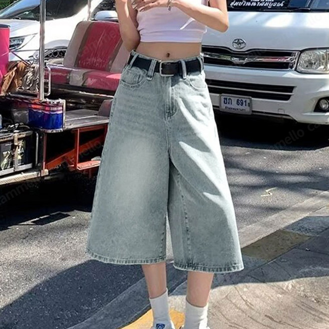 cammello 여성 빈티지 워싱 데님 버뮤다 팬츠 와이드핏 7부 청바지 Y2K 밀레니엄룩