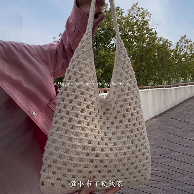 拉菲草編織單肩托特包 大容量夏季沙灘包, 1個, 米色鏤空編織包
