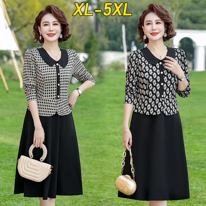 중년 여성 라운드 긴팔 롱 원피스 빅사이즈 플레어 롱 스커트 하객 원피스 엄마 원피스 봄가을