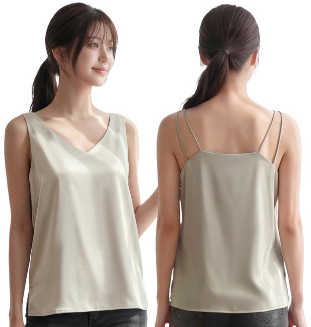 라뷰드 여성 여름 실키 백스트랩 민소매 블라우스 여자 쉬폰 브이넥 나시 바스트 안감 상의 이중 스트랩 옆트임 정장 나시티