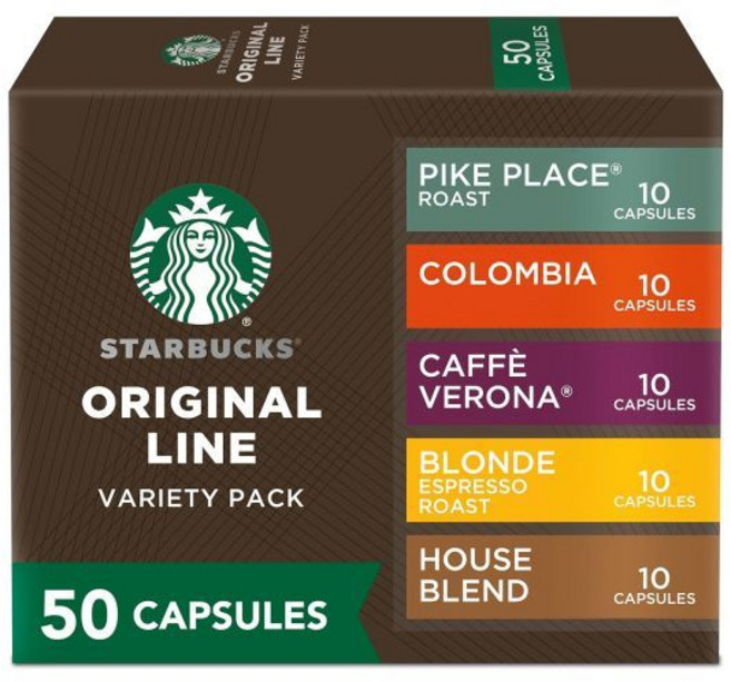 네스프레소 스타벅스 오리지널 라인 버라이어티 팩 커피 50개입 에스프레소 포드 127737, 10 Count (Pack of 5), Favorites Variety Pack, 1, 55g