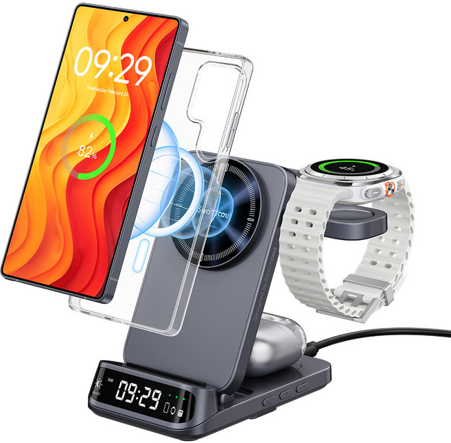 스완스카우트 708SM 갤럭시 폰 전용 3in1 맥세이프 무선충전기 갤럭시 워치+이어폰 동시충전 접이식 거치대 디지털 시계 표시 호환, 1개, 스페이스 그레이