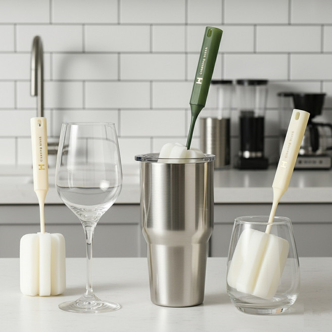 텀블러 와인잔 물병 흠집방지 세척솔 스펀지, 2개, 베이지